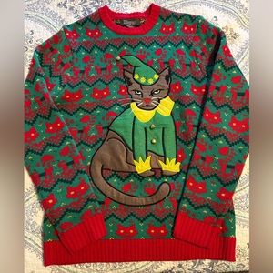 Mens Ugly Christmas Sweater Jingle Bells Cat MEDIUM